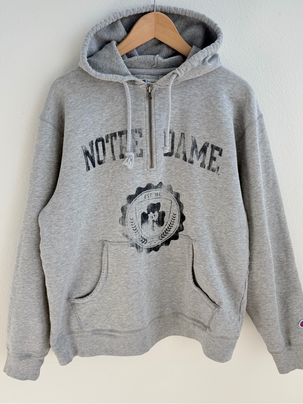 Champion grey Notre Dame quarter zip hoodie